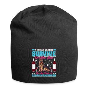 Dog mom WOMAN CANNOT SURVIVE ON WINE German - Jersey Beanie - black - Front