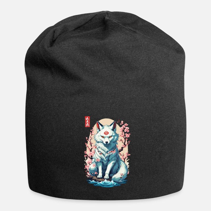 Conception esthétique du masque Kitsune et des fleurs de cerisier - Bonnet en jersey - noir