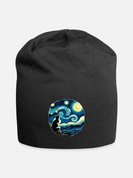 Gemälde Sternennacht Katze Nacht Mond Sterne Kunst - Jersey-Beanie - Schwarz
