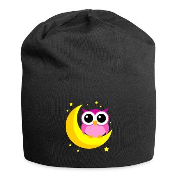 Pink Owl On Moon Cartoon Nocturnal Bird Lover Cool - Jersey Beanie - black - Front