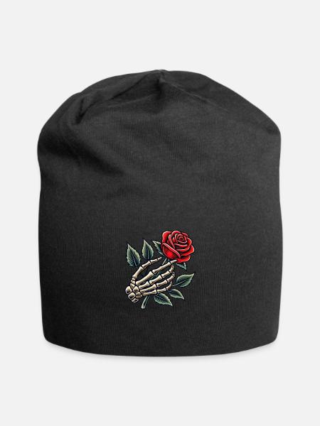 Skeletthand, Die Rose Retro-rosen-grafik Hält - Jersey-Beanie - Schwarz