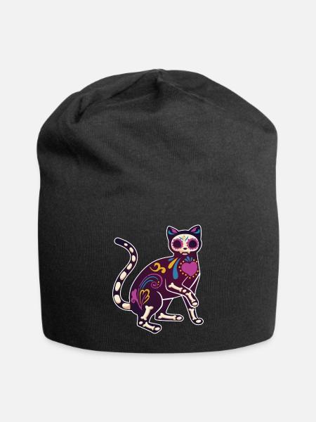 Katze Blumen Skelett Muertos Tag Des Toten Halloween - Jersey-Beanie - Schwarz