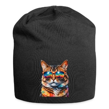 Katze Sonnenbrille Bunt Lustig Tier Design Print - Jersey-Beanie - Schwarz - Vorne