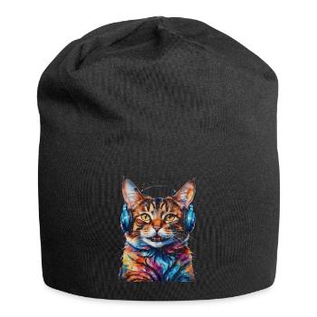 Katze Kopfhörer Bunt Lustig Tier Design Print - Jersey-Beanie - Schwarz - Vorne