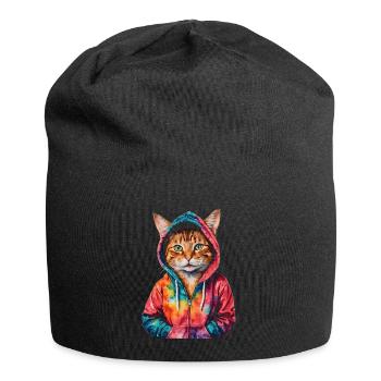 Katze Hoodie Bunt Lustig Tier Design Print - Jersey-Beanie - Schwarz - Vorne