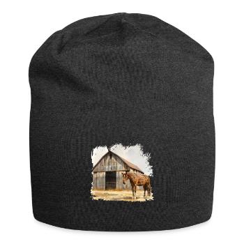 Rustic horse stable with brown horse - Jersey Beanie - charcoal grey - Front