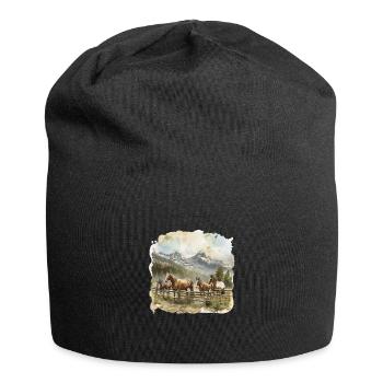 Horses in Front of Mountain Landscape Painting - Jersey Beanie - black - Front
