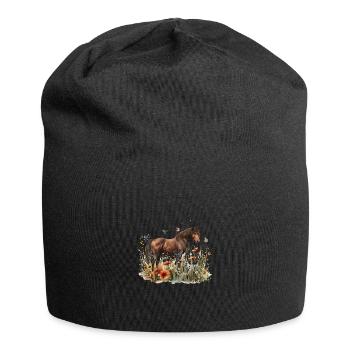 Braunes Pferd Im Blumenfeld Mit Schmetterlingen - Jersey-Beanie - Schwarz - Vorne