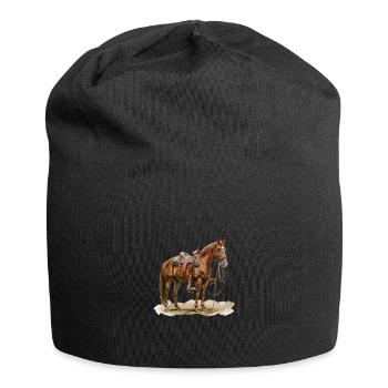 Braunes Pferd Mit Sattel Im Freien - Jersey-Beanie - Schwarz - Vorne