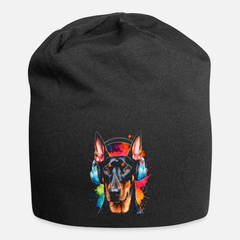 Dobermann Kopfhörer Hund Lustig Tier Design Print - Jersey-Beanie - Schwarz