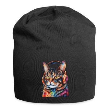 Chat casque coloré drôle Animal Design imprimer - Bonnet en jersey - noir - Devant
