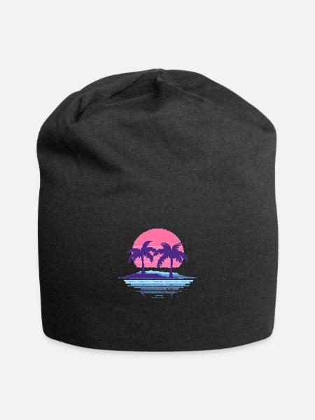 Vaporwave Synthwave Pixelart Palmen Retro 90er - Jersey-Beanie - Schwarz