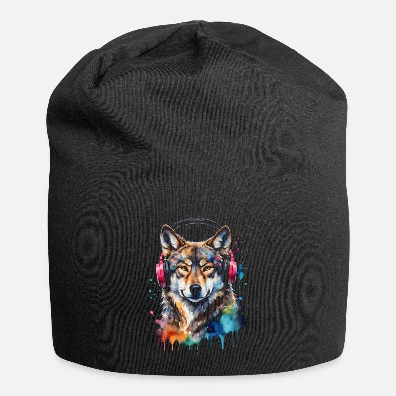 Wolf Kopfhörer Musik Bunt Tier Design Print - Jersey-Beanie - Schwarz