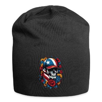 Patriotischer Totenkopf mit Blumendesign - Jersey-Beanie - Schwarz - Vorne