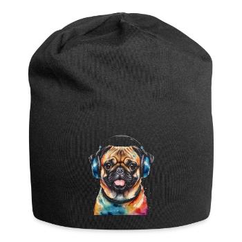 Pug Headphones Dog Colorful Funny Animal Design Print - Jersey Beanie - black - Front