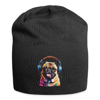 Pug Headphones Dog Colorful Funny Animal Design Print - Jersey Beanie - black - Front