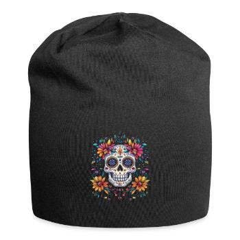 Jour de la mort Crâne en sucre avec des fleurs colorées - Bonnet en jersey - noir - Devant