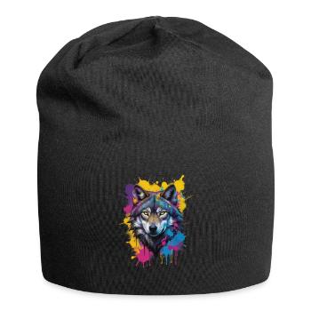 Farbiger Wolfskopf Aquarell Kunstwerk - Jersey-Beanie - Schwarz - Vorne