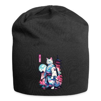 Samurai Katze Vaporwave Aesthetic Japan Style - Jersey-Beanie - Schwarz - Vorne