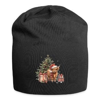 Weihnachtliches Highland-Kuh-Motiv mit - Jersey-Beanie - Schwarz - Vorne