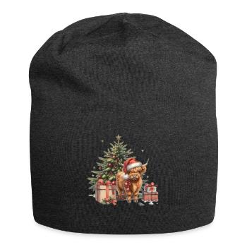 Weihnachtliches Highland-Kuh-Motiv mit - Jersey-Beanie - Anthrazit - Vorne