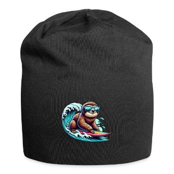 Surfer sloth with sunglasses on wave - Jersey Beanie - black - Front