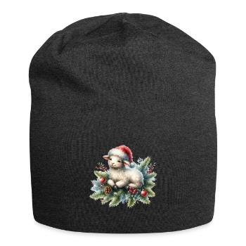 Cute Christmas Sheep with Fir Branches - Jersey Beanie - charcoal grey - Front