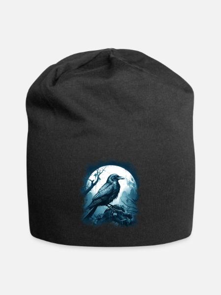 Mystischer Rabe Vor Vollmond Im Mystischen Wald - Jersey-Beanie - Schwarz
