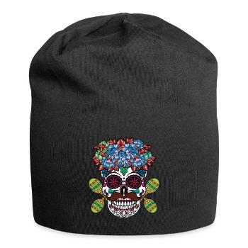 Lebendiger Día de los Muertos Totenkopf mit Blumen - Jersey-Beanie - Schwarz - Vorne