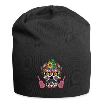 Bunter Totenkopf Mit Blumen Und Gitarren - Jersey-Beanie - Schwarz - Vorne