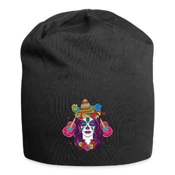 Colorful Calavera with Flowers and Sombrero - Jersey Beanie - black - Front