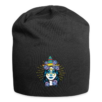 Bunte Catrina Mit Blumenkranz Und Sombrero - Jersey-Beanie - Schwarz - Vorne