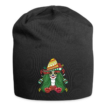 Colorful Calavera with Sombrero and Flowers - Jersey Beanie - black - Front