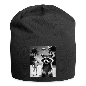 Waschbär macht ein Selfie am Strand mit Alien - Jersey-Beanie - Schwarz - Vorne