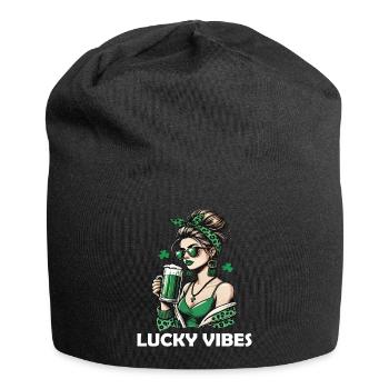 St. Patrick's Day Lucky Vibes Woman With Beer - Jersey Beanie - black - Front