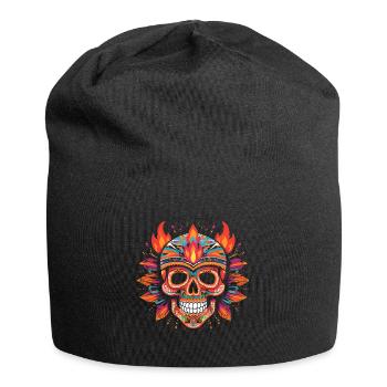 Bunter Totenkopf Toten-schädel Skull mit Flammen - Jersey-Beanie - Schwarz - Vorne