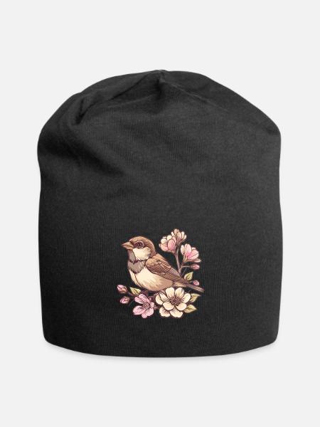 Spatz auf Blütenzweig - Jersey-Beanie - Schwarz