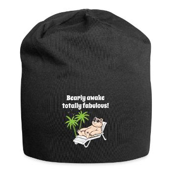 Bear in sunglasses chilling in deck chair palm trees - Jersey Beanie - black - Front