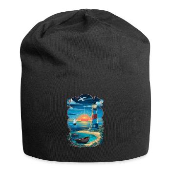 Phare coucher de soleil au bord de la mer avec voilier - Bonnet en jersey - noir - Devant