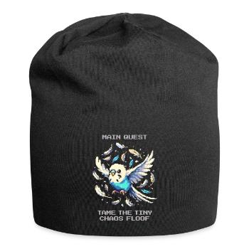 Hauptquest: Chaos-Flausch zähmen | Wellensittich - Jersey-Beanie - Schwarz - Vorne
