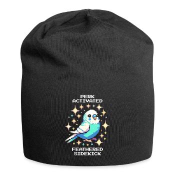 Perk aktiv: Gefiederter Sidekick | Wellensittich - Jersey-Beanie - Schwarz - Vorne