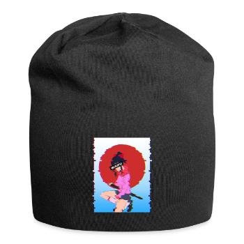 Glitch Samurai Waifu: Vaporwave-Ästhetik - Jersey-Beanie - Schwarz - Vorne