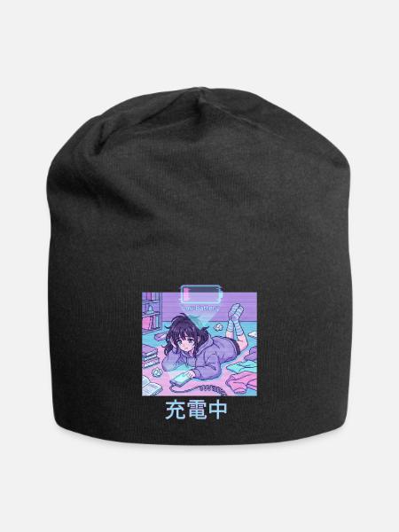 Anime Girl Low Battery Aufladen Pixel Art - Jersey-Beanie - Schwarz