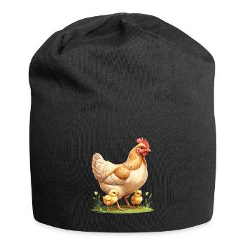 Henne mit Küken auf Blumenwiese - Jersey-Beanie - Schwarz - Vorne