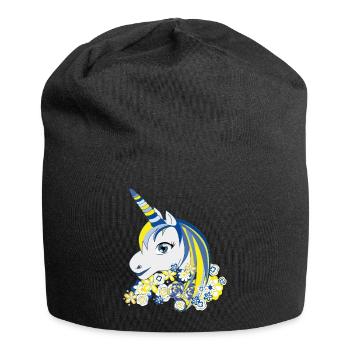 Einhorn Blau Gelb Florale Fantasie - Jersey-Beanie - Schwarz - Vorne
