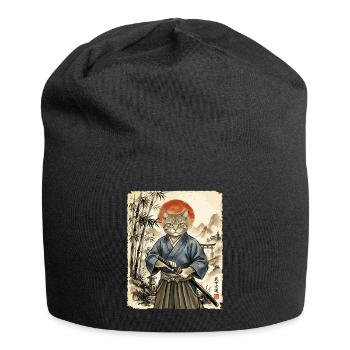 Samurai, Katze, Kater, Japanische Kunst, Anime - Jersey-Beanie - Schwarz - Vorne