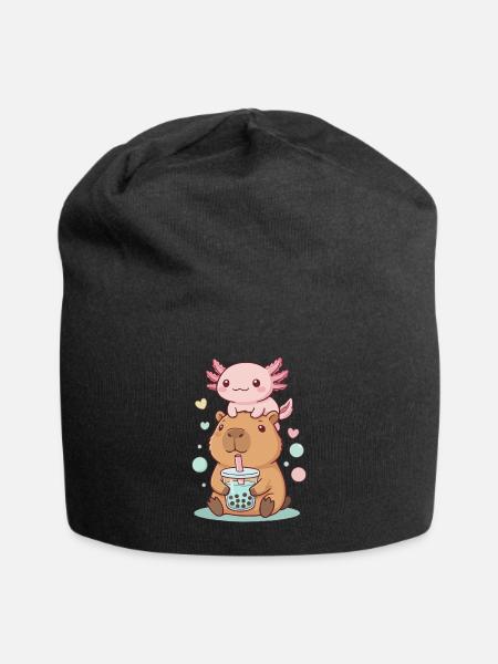 Kawaii Capybara mit Axolotl Bubble Tea - Jersey-Beanie - Schwarz