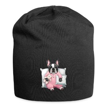French Bulldog in Pink Pajamas with - Jersey Beanie - black - Front