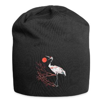 Geometrischer Reiher mit Kirschblüten - Jersey-Beanie - Schwarz - Vorne