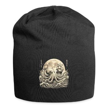 Vintage Octopus Under Full Moon With Sailing Ship - Jersey Beanie - black - Front